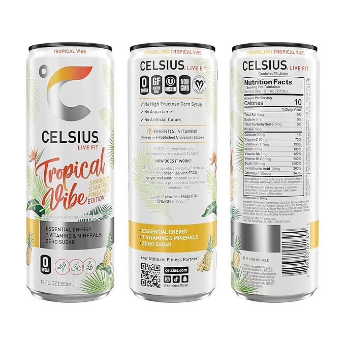 CELSIUS Sparkling Tropical Vibe, Functional Essential Energy Drink 12 Fl Oz