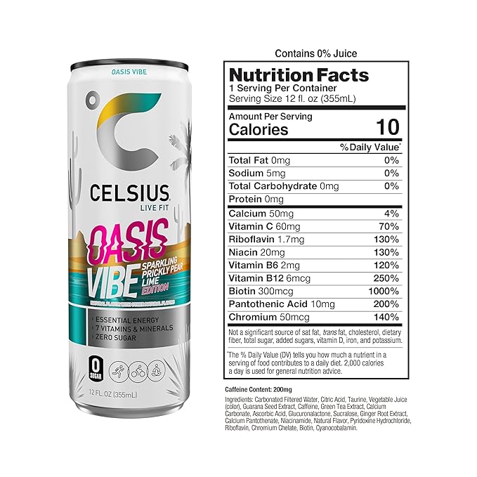 CELSIUS Sparkling Oasis Vibe, Functional Essential Energy Drink, 12 Fl Oz