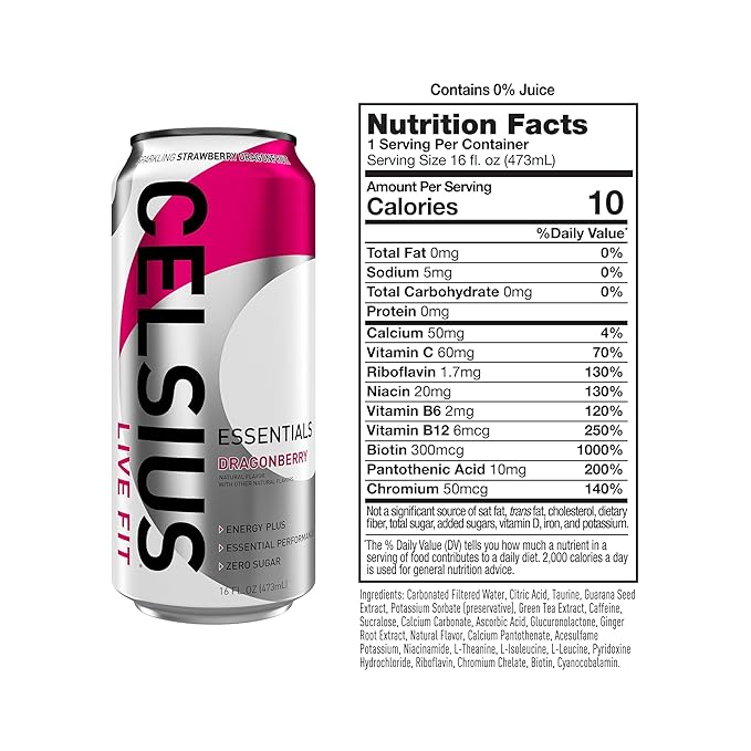 CELSIUS ESSENTIALS, Sparkling Dragonberry, Performance Energy Drink 16 Fl Oz