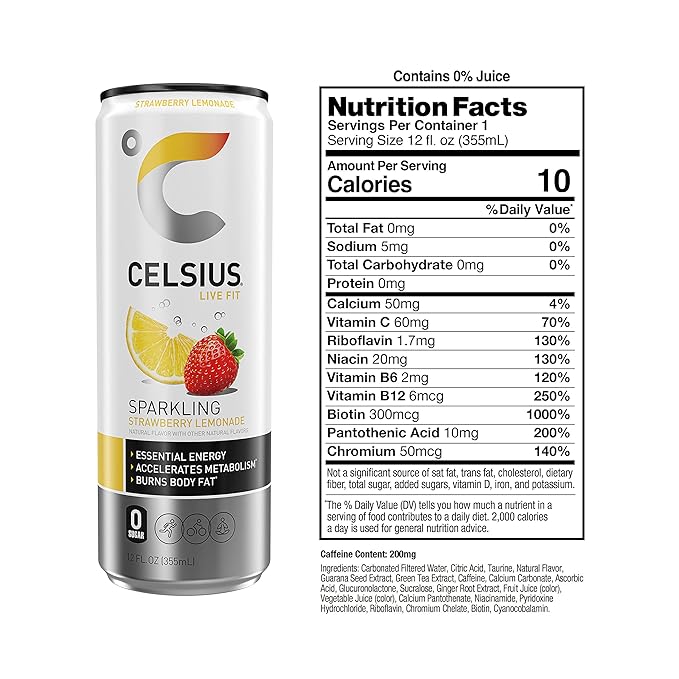 CELSIUS Sparkling Strawberry Lemonade, Functional Essential Energy Drink, 12 Fl Oz