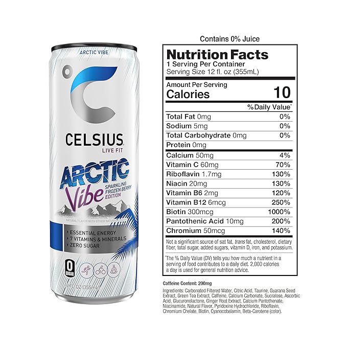 CELSIUS Arctic Vibe Sparkling Frozen Berry, Functional Essential Energy Drink, 12 Fl Oz