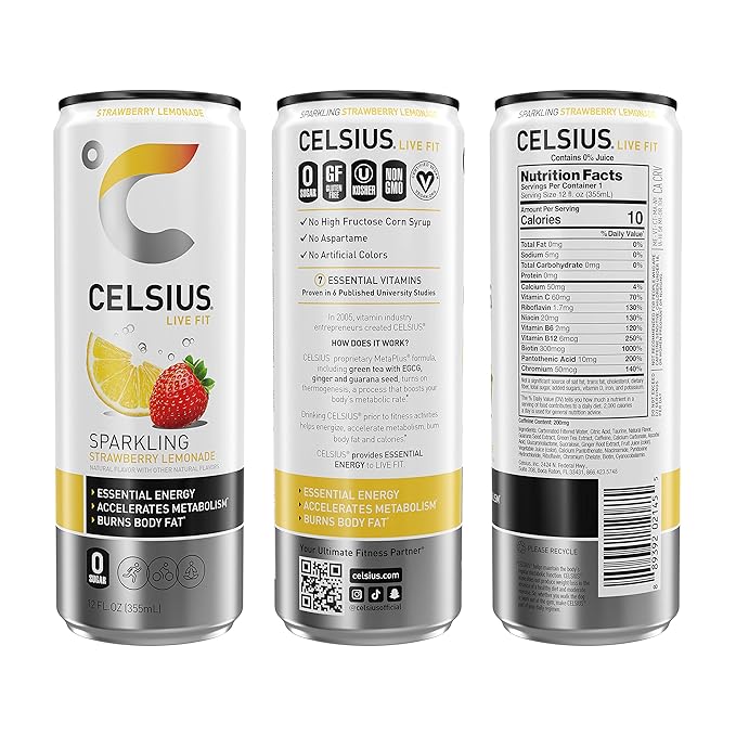 CELSIUS Sparkling Strawberry Lemonade, Functional Essential Energy Drink, 12 Fl Oz