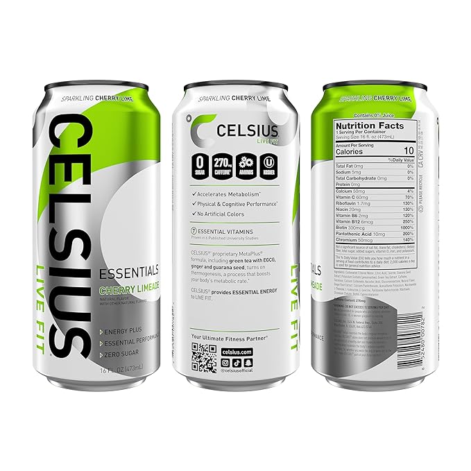 CELSIUS ESSENTIALS, Sparkling Cherry Limeade, Performance Energy Drink 16 Fl Oz