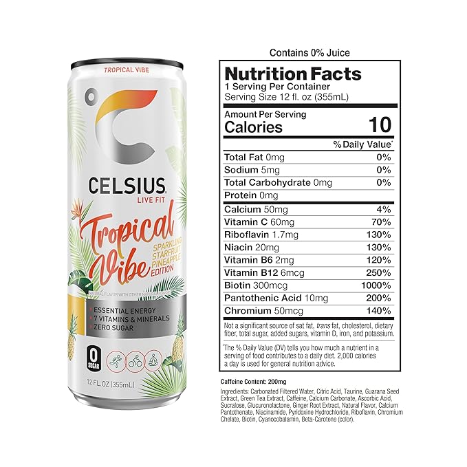 CELSIUS Sparkling Tropical Vibe, Functional Essential Energy Drink 12 Fl Oz