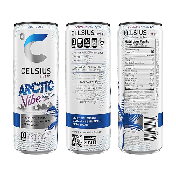 CELSIUS Arctic Vibe Sparkling Frozen Berry, Functional Essential Energy Drink, 12 Fl Oz